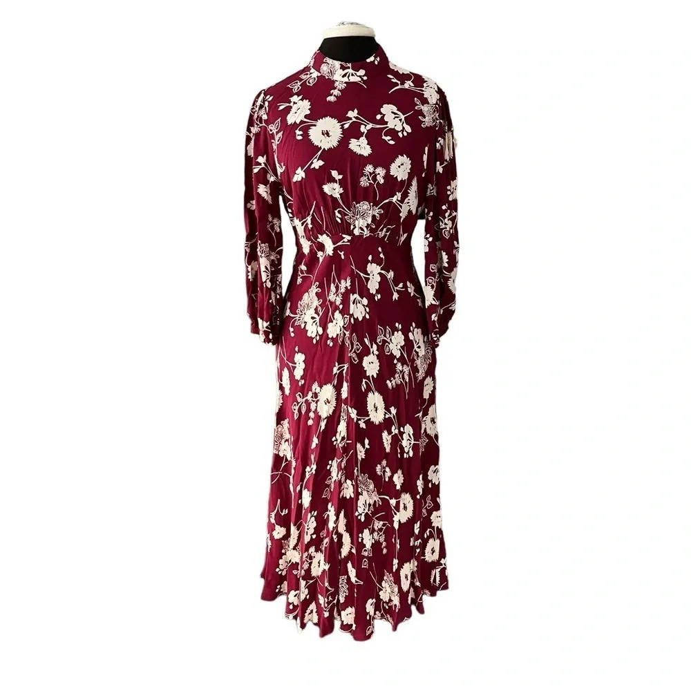Ghost London Viscose Floral Retro Midi Dress Gathered Sleeves Old Hollywood XS